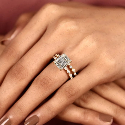 Emerald Cut Lab Grown Diamond Engagement Ring Bridal Set Ring with Pavé Diamond Band Modern Unique Bridal Jewelry