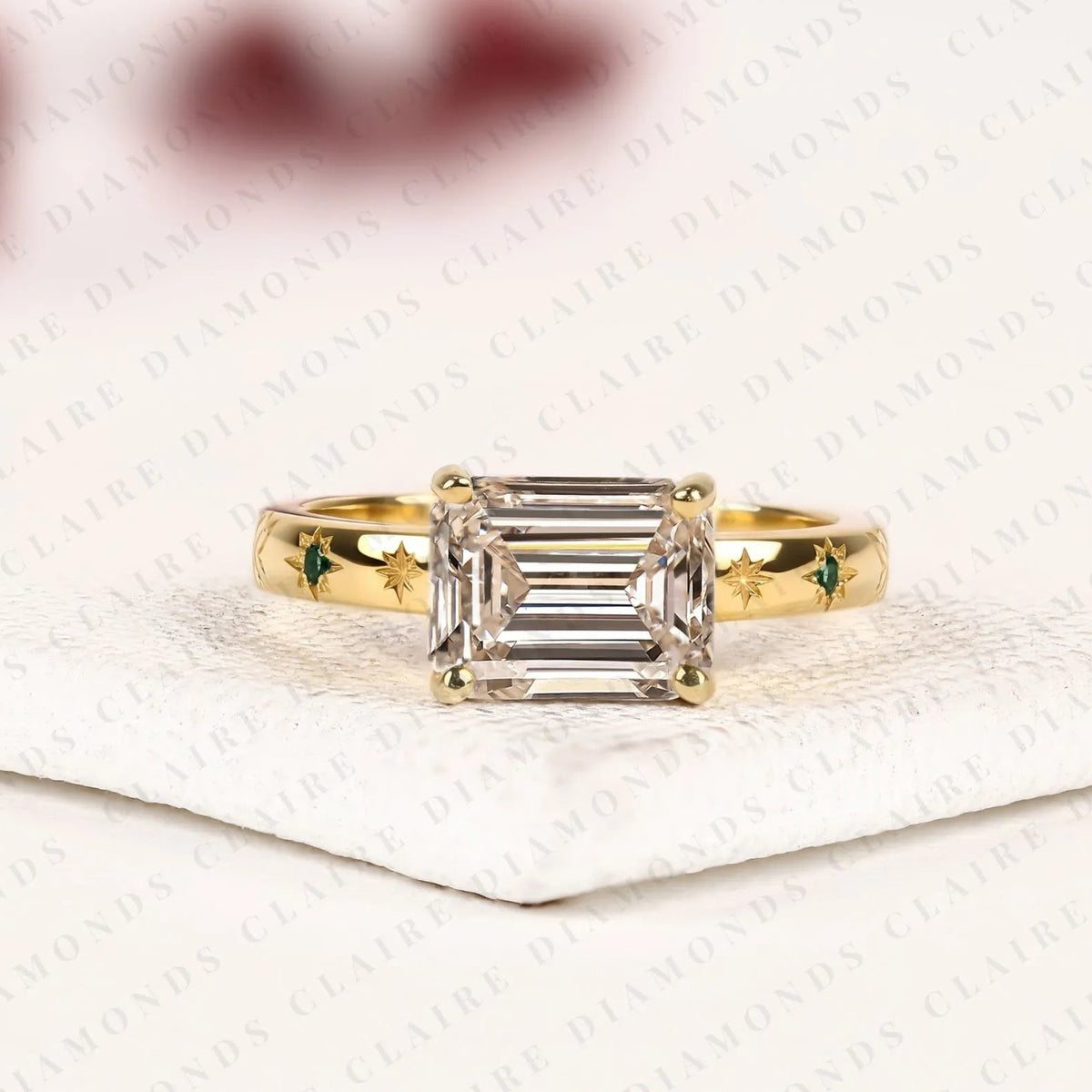 emerald cut lab grown diamond engagement ring yellow gold floral band vintage inspired nature ring with green accent details