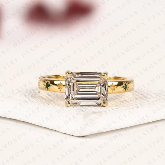 Emerald Cut Lab Grown Diamond Engagement Ring Yellow Gold Floral Band Vintage Inspired Nature Ring with Green Accent Details