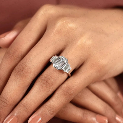 Emerald Cut Three Stone Lab Grown Diamond Engagement Ring Bezel Set Emerald Diamond Ring with Tapered Baguette Side Stones Luxury Bridal Ring
