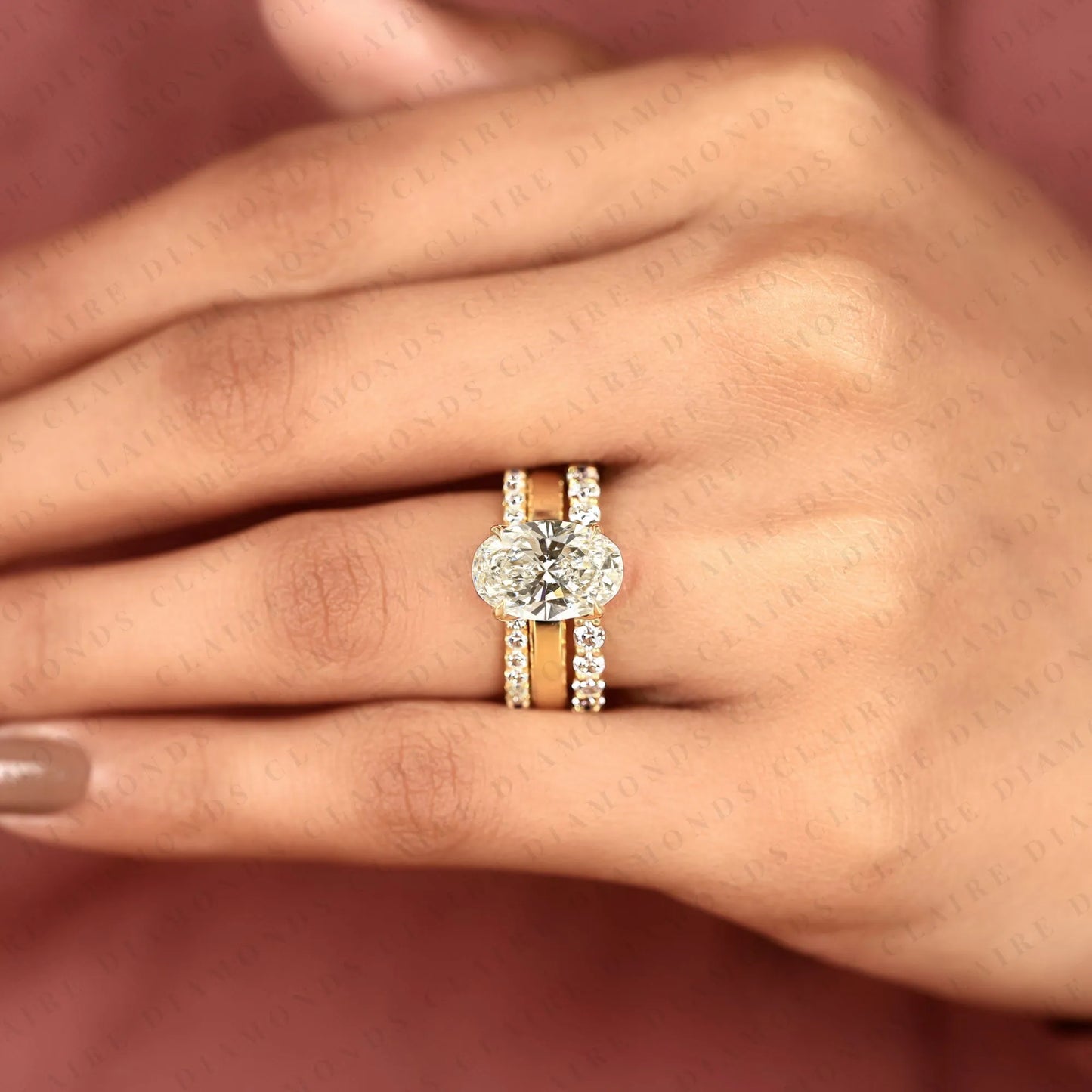 oval cut moissanite diamond bridal set hidden halo engagement ring with matching wedding band yellow gold oval ring pave diamond bridal ring set.