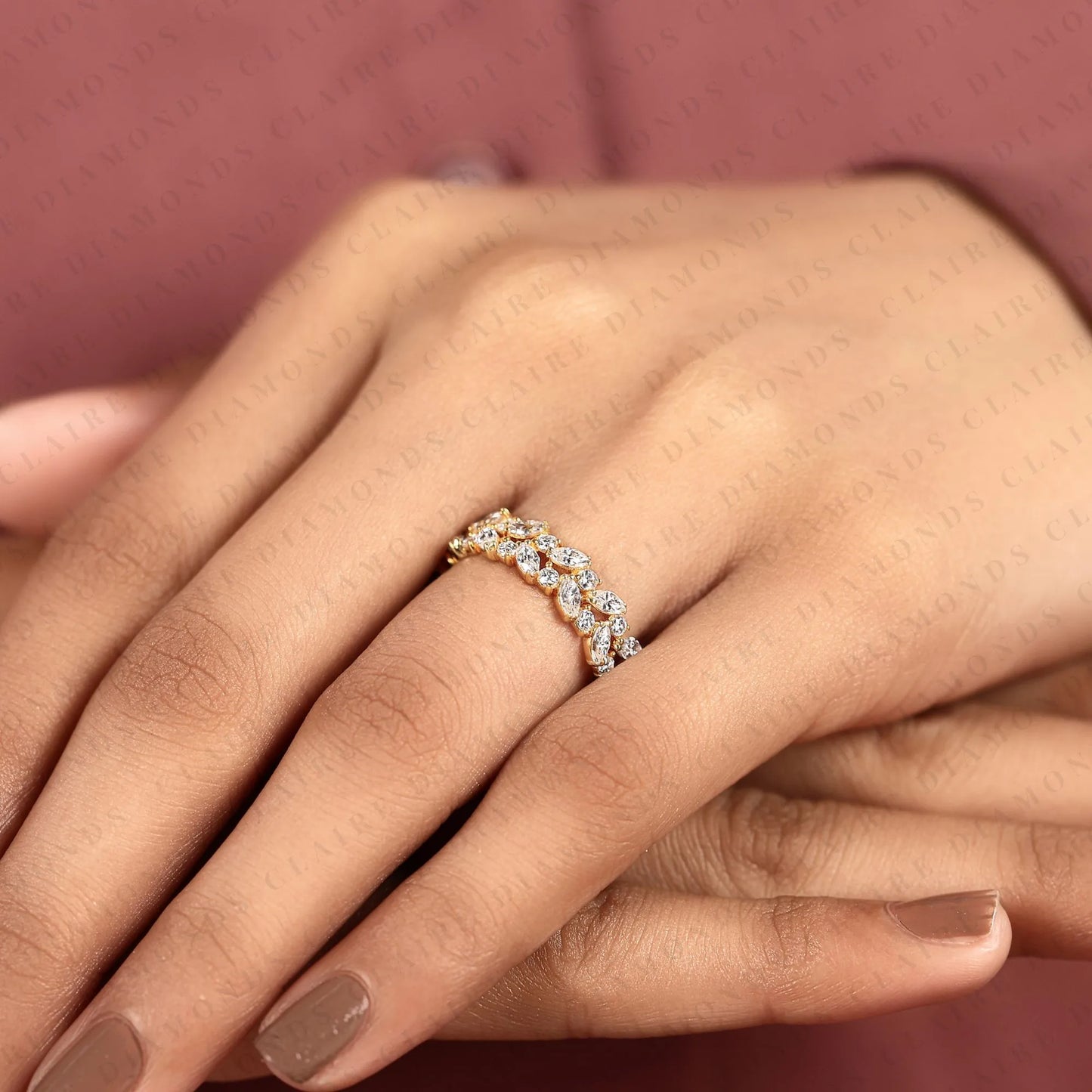 1.50 tcw marquise & round cut moissanite diamond nature inspired gold band ring half eternity wedding band