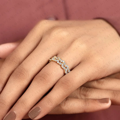 1.50 TCW Marquise & Round Cut Moissanite Diamond Nature Inspired Gold Band Ring Half Eternity Wedding Band