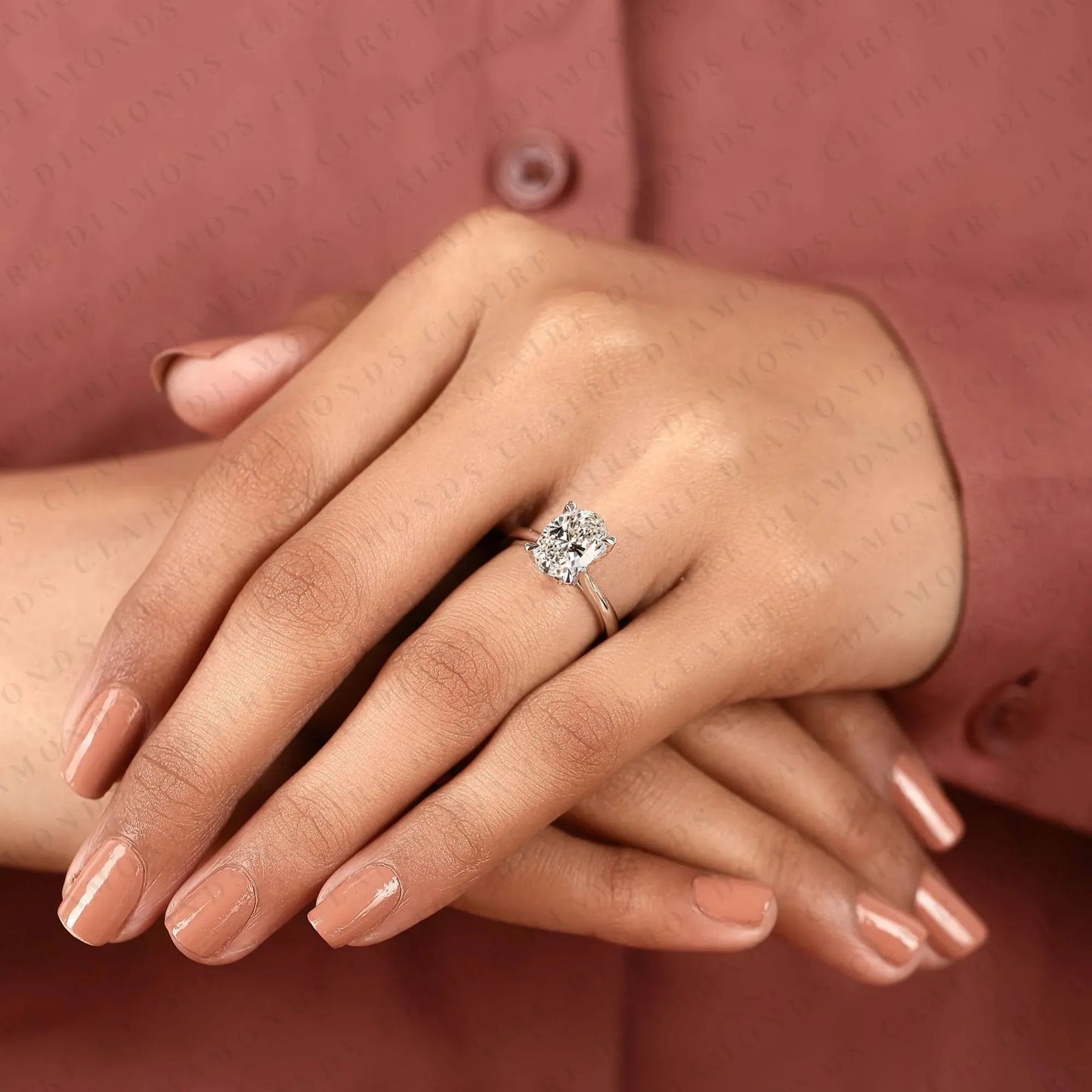 oval cut lab grown diamond solitaire engagement ring, four prong hidden tulip setting, minimalist white gold proposal ring