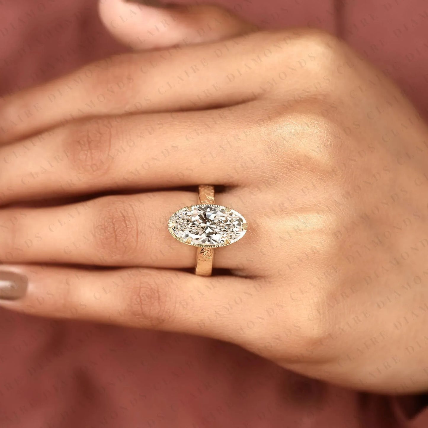 vintage long oval cut lab grown diamond engagement ring engraved  solitaire ring     milgrain bezel bridal ring antique inspired wedding ring