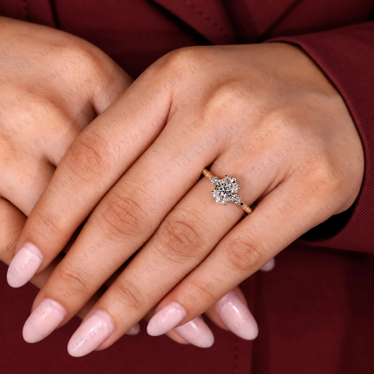 Oval Cut Lab Grown Diamond Ring Vintage Inspired Three Stone Engagement Ring with Side Diamonds Timeless Jewelry
