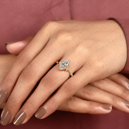 Marquise Lab Grown Diamond Engagement Ring Unique Floral Vintage Inspired Statement Bridal Ring
