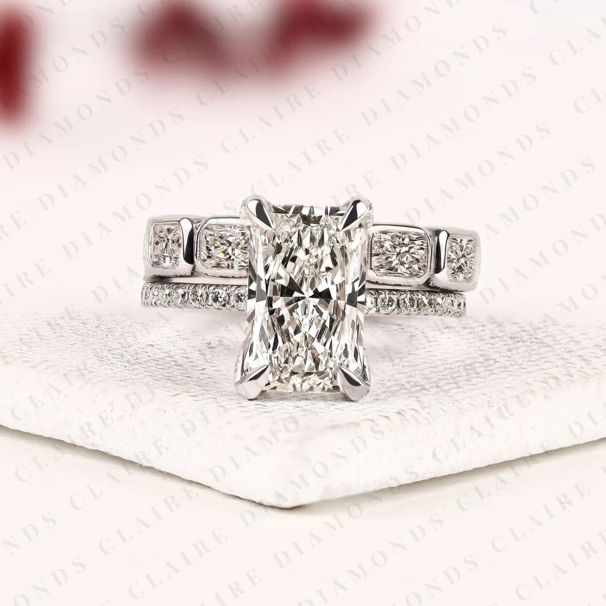 radiant cut lab grown diamond engagement ring double band bridal set with pave diamond accents modern luxury white gold wedding ring