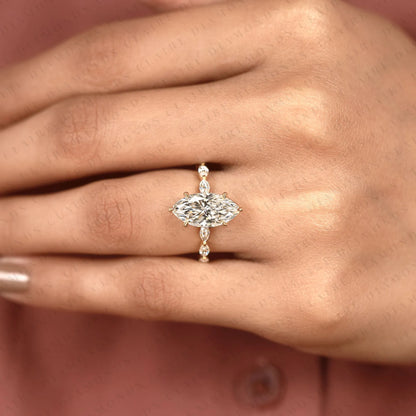 Marquise Cut Lab Grown Diamond Engagement Ring Yellow Gold Side Stone Ring IGI Certified Anniversary Ring.