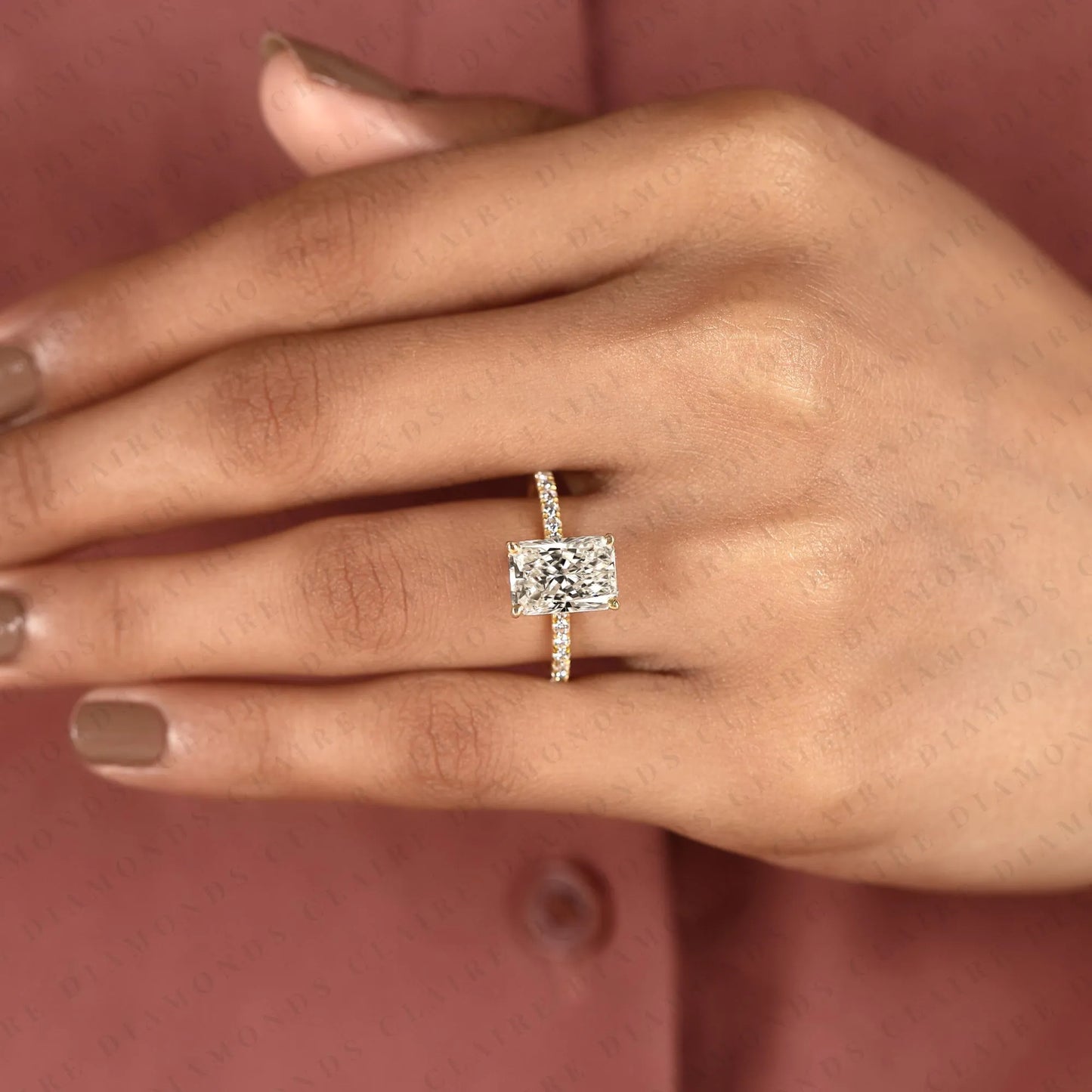 radiant cut moissanite diamond engagement ring with pave band in gold hidden halo ring