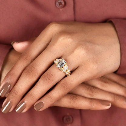 Modified Emerald Cut Lab Grown Diamond Engagement Ring Floral Vintage Halo Ring Unique Gold Bridal Ring Statement Wedding Jewelry
