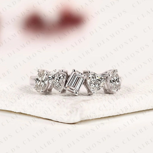 1.60 TCW Mixed Cut Band Emerald & Pear & Oval & Heart Lab Grown Diamond Half Eternity Wedding Band Unique Stackable Band