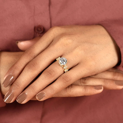 Round Cut Lab Grown Diamond Vintage Ring Handmade Floral Engagement Ring in Solid Gold For Her