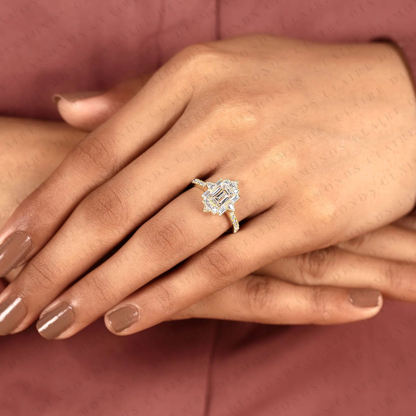 emerald cut lab grown diamond engagement ring milgreen bezel art deco vintage inspired baguette halo diamond bridal ring