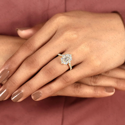 Emerald Cut Lab Grown Diamond Engagement Ring Milgreen Bezel Art Deco Vintage Inspired Baguette Halo Diamond Bridal Ring