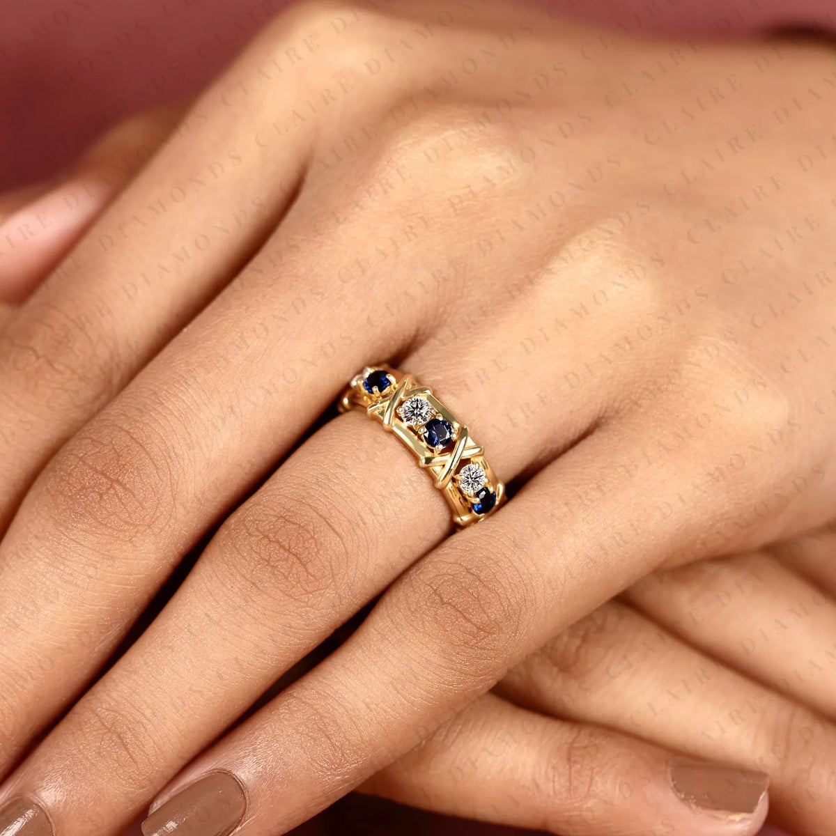 2.10 tcw round lab grown diamond band with blue sapphire accents unique gold eternity wedding ring vintage inspired stackable band for women