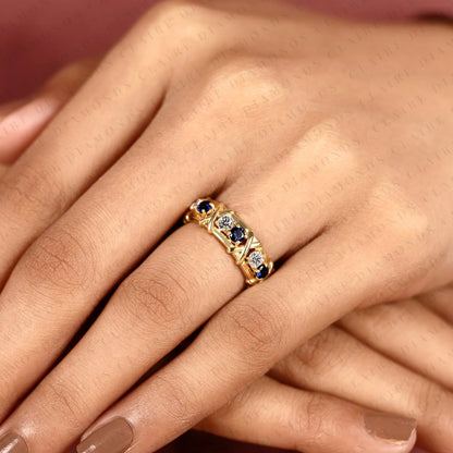 2.10 TCW Round Lab Grown Diamond Band with Blue Sapphire Accents Unique Gold Eternity Wedding Ring Vintage Inspired Stackable Band for Women