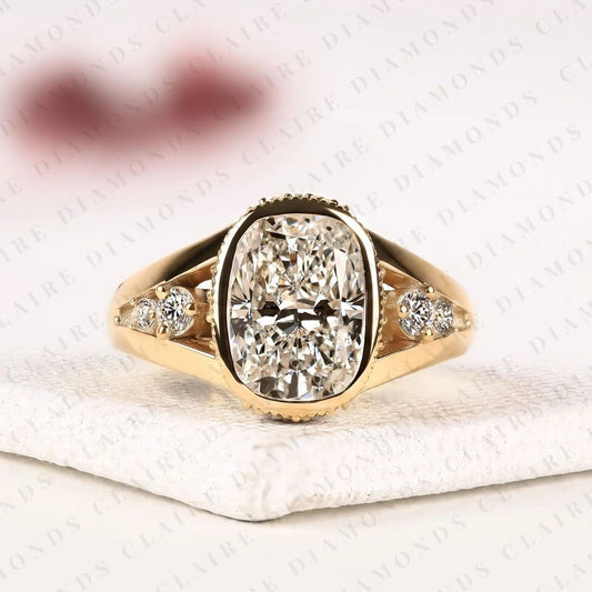 Elongated Cushion Cut Moissanite Diamond Engagement Ring Bezel Set Ring Art Deco Gold Ring vintage Inspired Bridal Ring  IGI Certified Jewelry