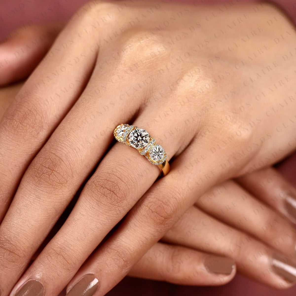round cut moissanite diamond engagement ring three stone gold ring with diamond accents luxury wedding ring for women