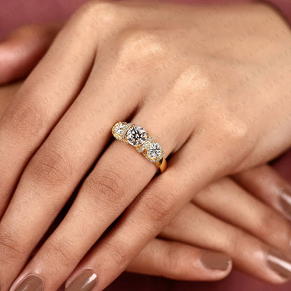 Round Cut Moissanite Diamond Engagement Ring Three Stone Gold Ring with Diamond Accents Luxury Wedding Ring for Women
