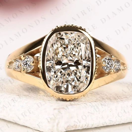 Elongated Cushion Cut Moissanite Diamond Engagement Ring Bezel Set Ring Art Deco Gold Ring vintage Inspired Bridal Ring  IGI Certified Jewelry