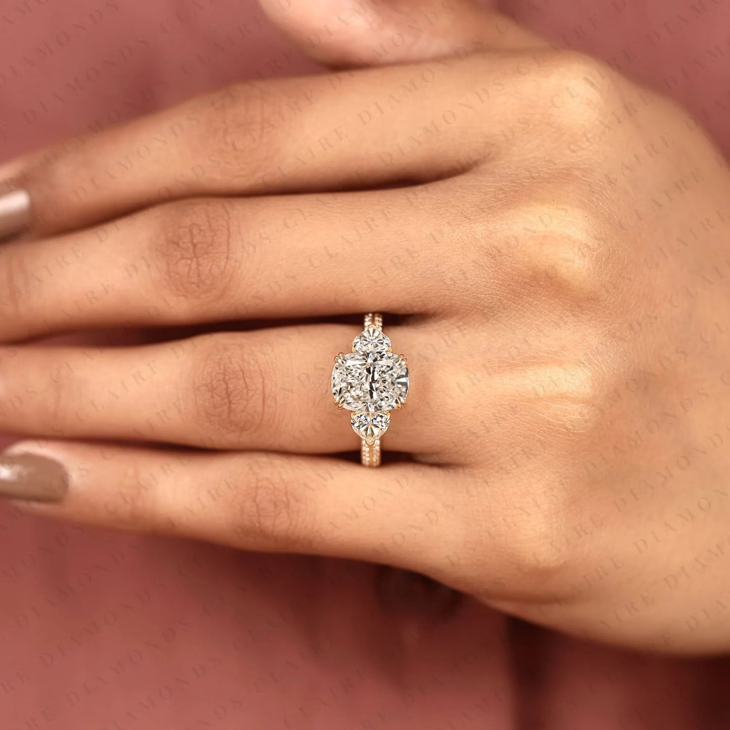 cushion cut three stone moissanite diamond engagement ring trillion side stone diamond ring split shank pave ring