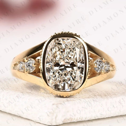Elongated Cushion Cut Lab Grown Diamond Engagement Ring Bezel Set Ring Art Deco Gold Ring vintage Inspired Bridal Ring  IGI Certified Jewelry