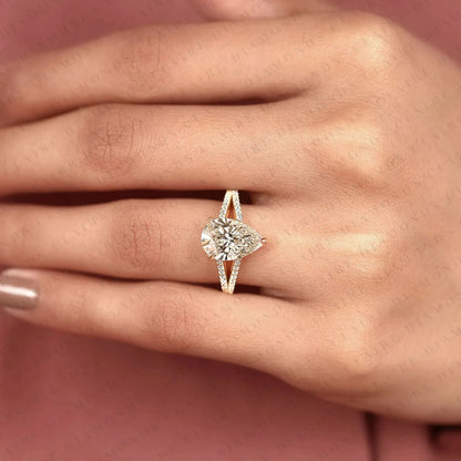Pear Cut Lab Grown Diamond Engagement Ring Split Shank Pave Diamond Ring Bridal Ring