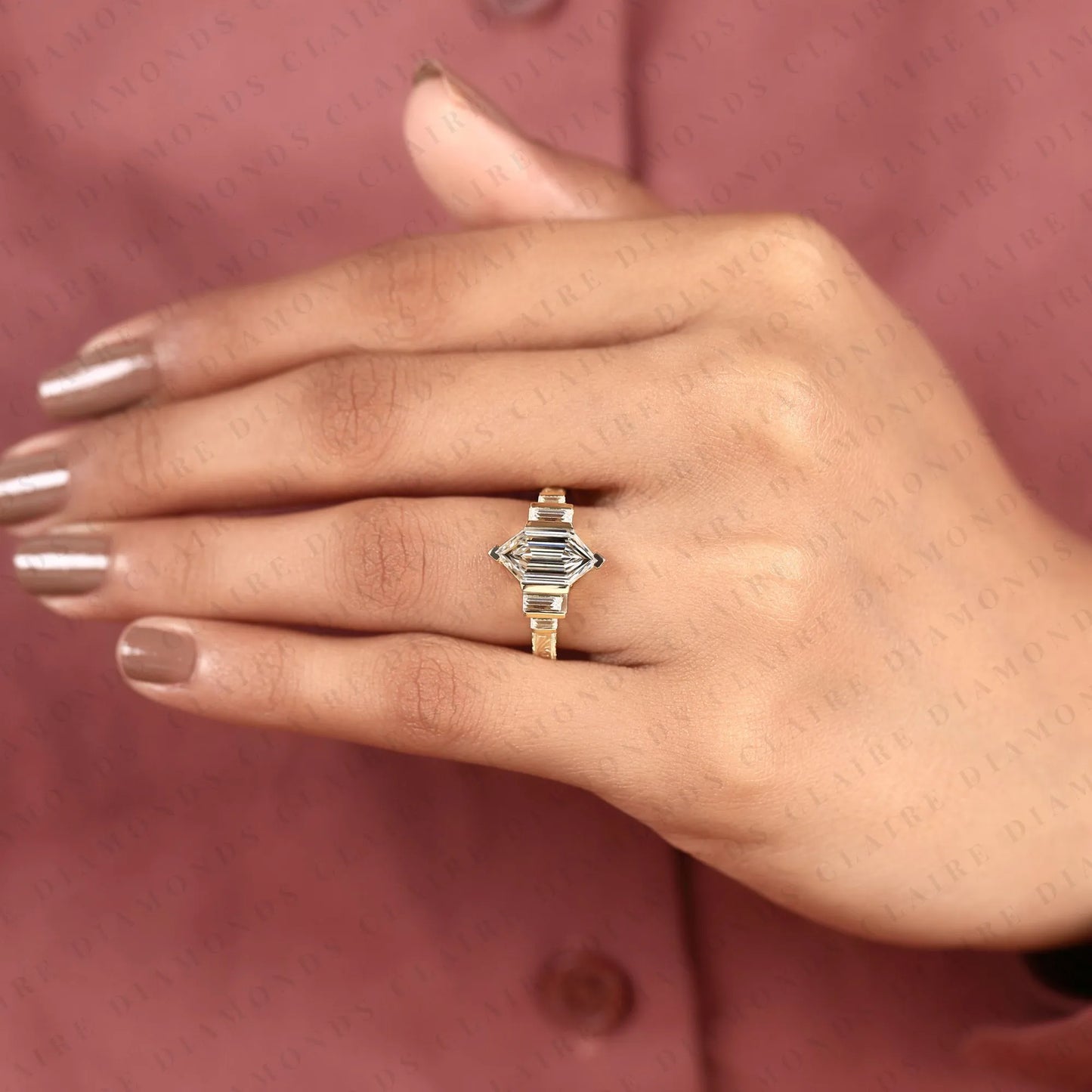 hexagon cut moissanite diamond engagement ring art deco step cut ring vintage engraved gold ring baguette side stone bridal ring.