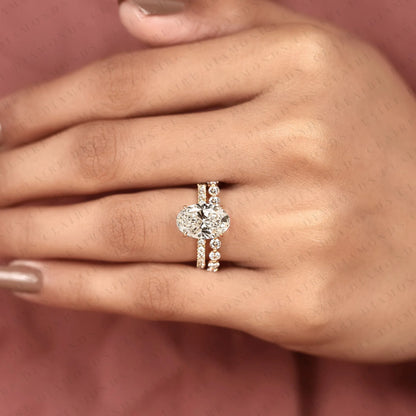 Oval Cut Moissanite Diamond Engagement Ring Hidden Halo with Matching Diamond Band Ring For Her