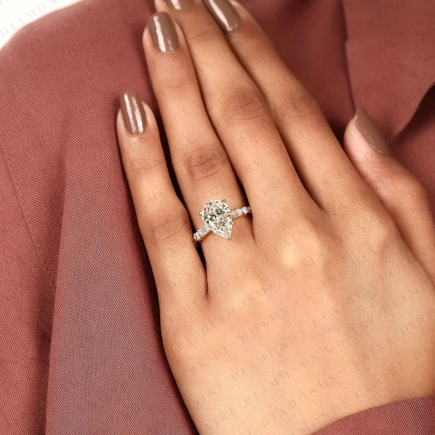 pear cut moissanite diamond engagement ring baguette & round accent diamond band bridal ring  elegant wedding ring