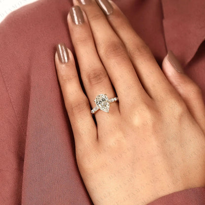 Pear Cut Moissanite Diamond Engagement Ring Baguette & Round Accent Diamond Band Bridal Ring  Elegant Wedding Ring