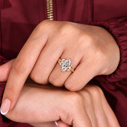 Marquise Cut Lab Grown Diamond Engagement Ring Nature Inspired Gold Vine Ring with Leaf Vintage Luxury Wedding Ring for Women