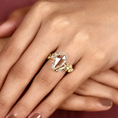 Pear Rose Cut Lab Grown Diamond Engagement Ring Green Marquise Side Stones Botanical Leaf Vine Gold Vintage Wedding Ring