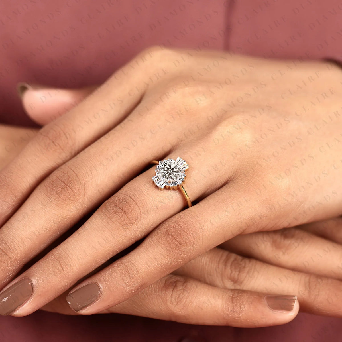 round cut lab grown diamond halo engagement ring baguette accent vintage inspired bridal ring unique luxury jewelry