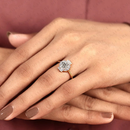 Round Cut Lab Grown Diamond Halo Engagement Ring Baguette Accent Vintage Inspired Bridal Ring Unique Luxury Jewelry