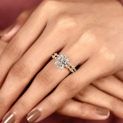 Radiant Cut Lab Grown Diamond Engagement Ring Set Yellow Gold Double Band with Pavé Side Stones Unique Luxury Bridal Ring Set