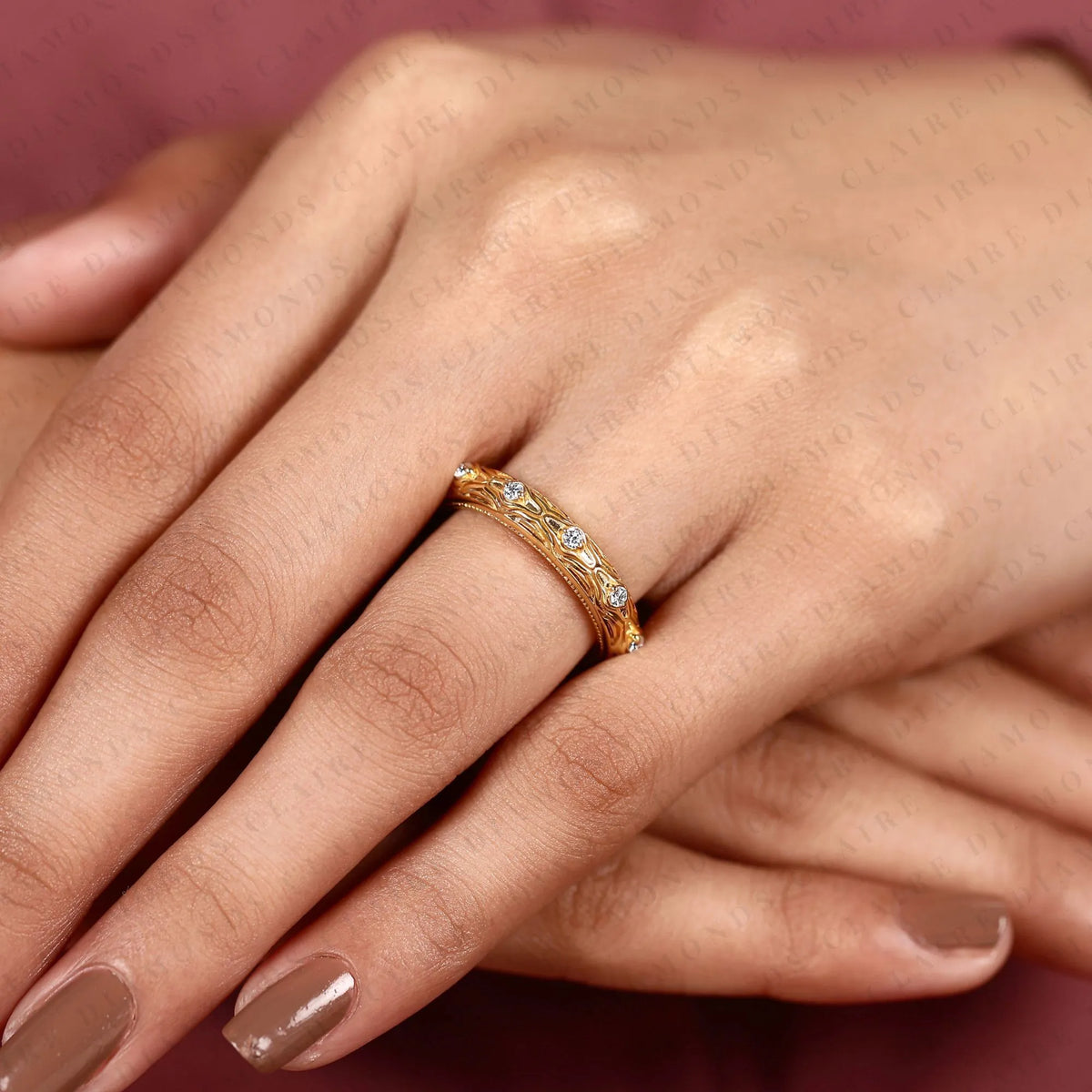 0.42 TCW Round Cut Moissanite Diamond Band Vintage Engraved Gold Wedding Elegant Diamond Anniversary Band for Women