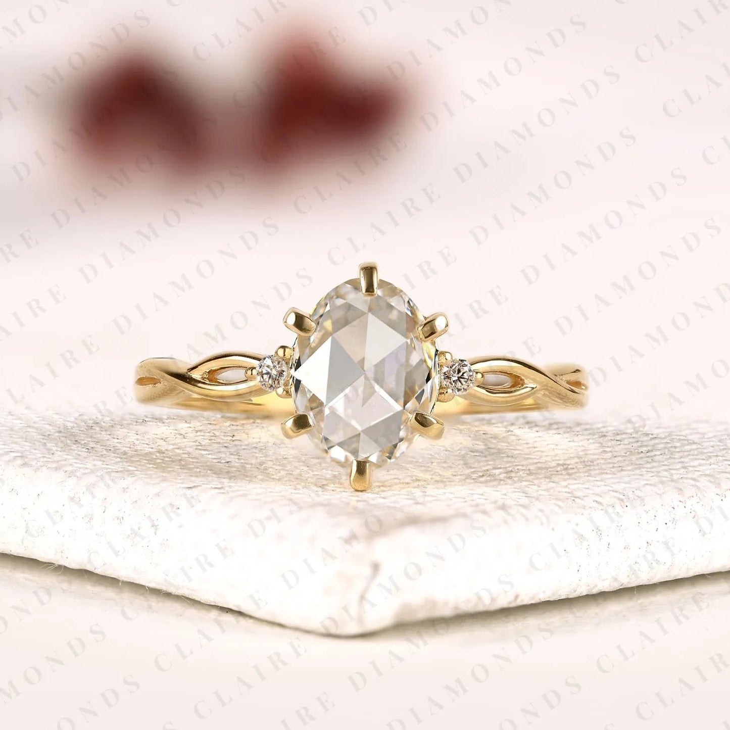 oval rose cut lab grown diamond engagement ring twisted band art deco gold ring