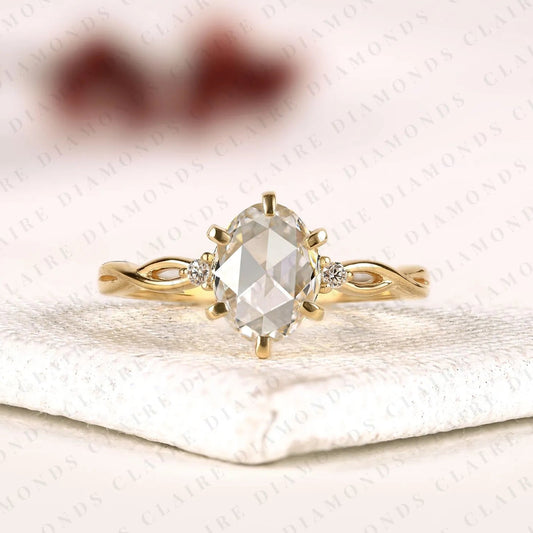 Oval Rose Cut Lab Grown Diamond Engagement Ring Twisted Band Art Deco Gold Ring