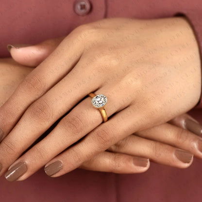 Old Mine Elongated Cushion Cut Lab Grown Diamond Engagement Ring Milgrain Bezel Setting Vintage Inspired Solitaire Bridal Ring