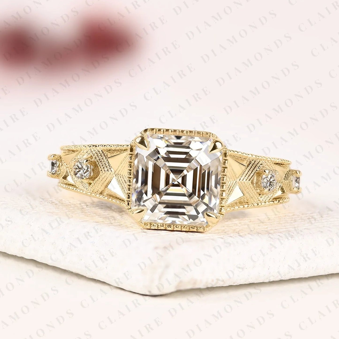 asscher cut moissanite diamond ring with round side stone, vintage engraved art deco band engagement ring solid gold gift.