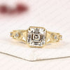 Asscher Cut Moissanite Diamond Ring With Round Side Stone, Vintage Engraved Art Deco Band Engagement Ring Solid Gold Gift.