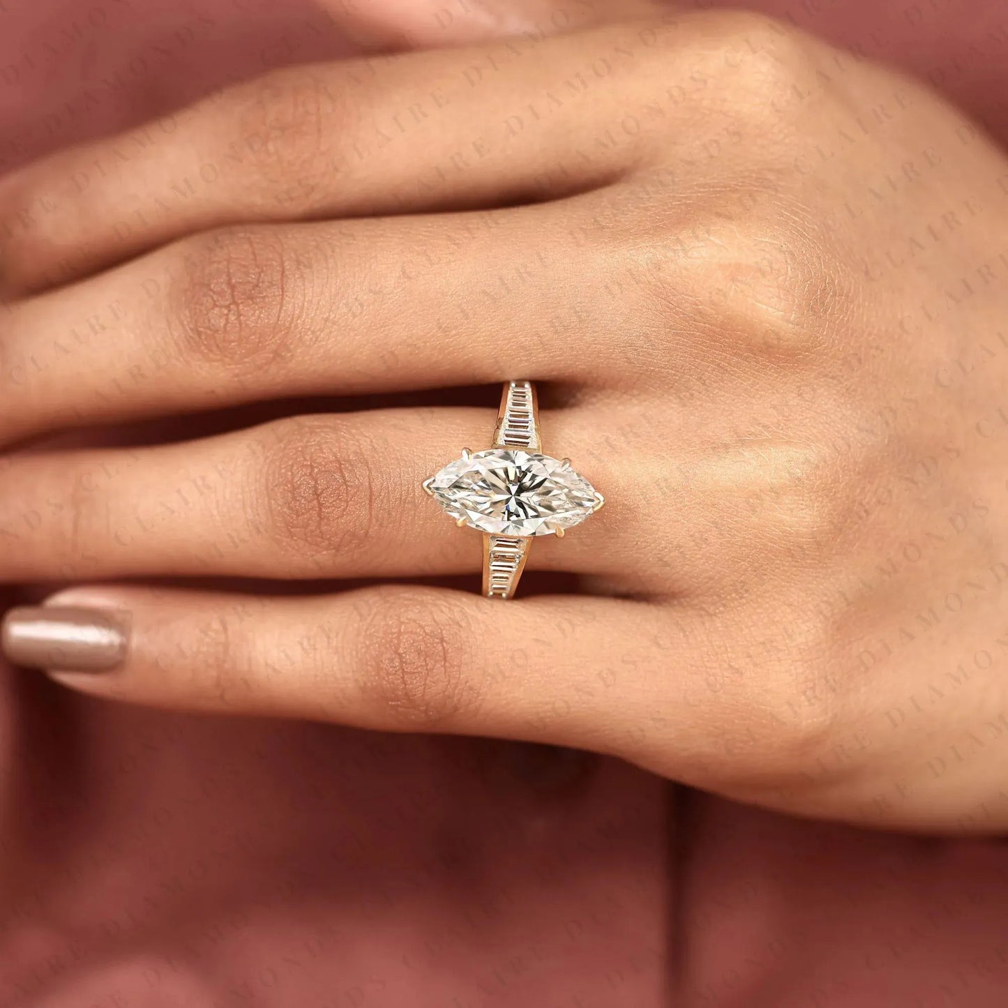 designer marquise lab grown diamond engagement ring with channel set baguette diamonds