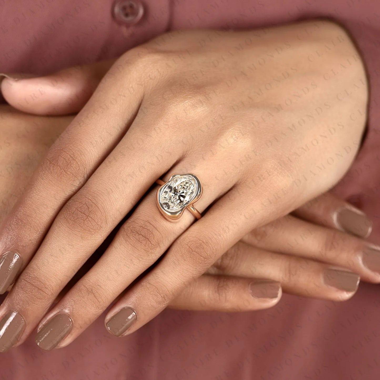 oval moissanite diamond organic bezel set engagement ring – solitaire ring for women.