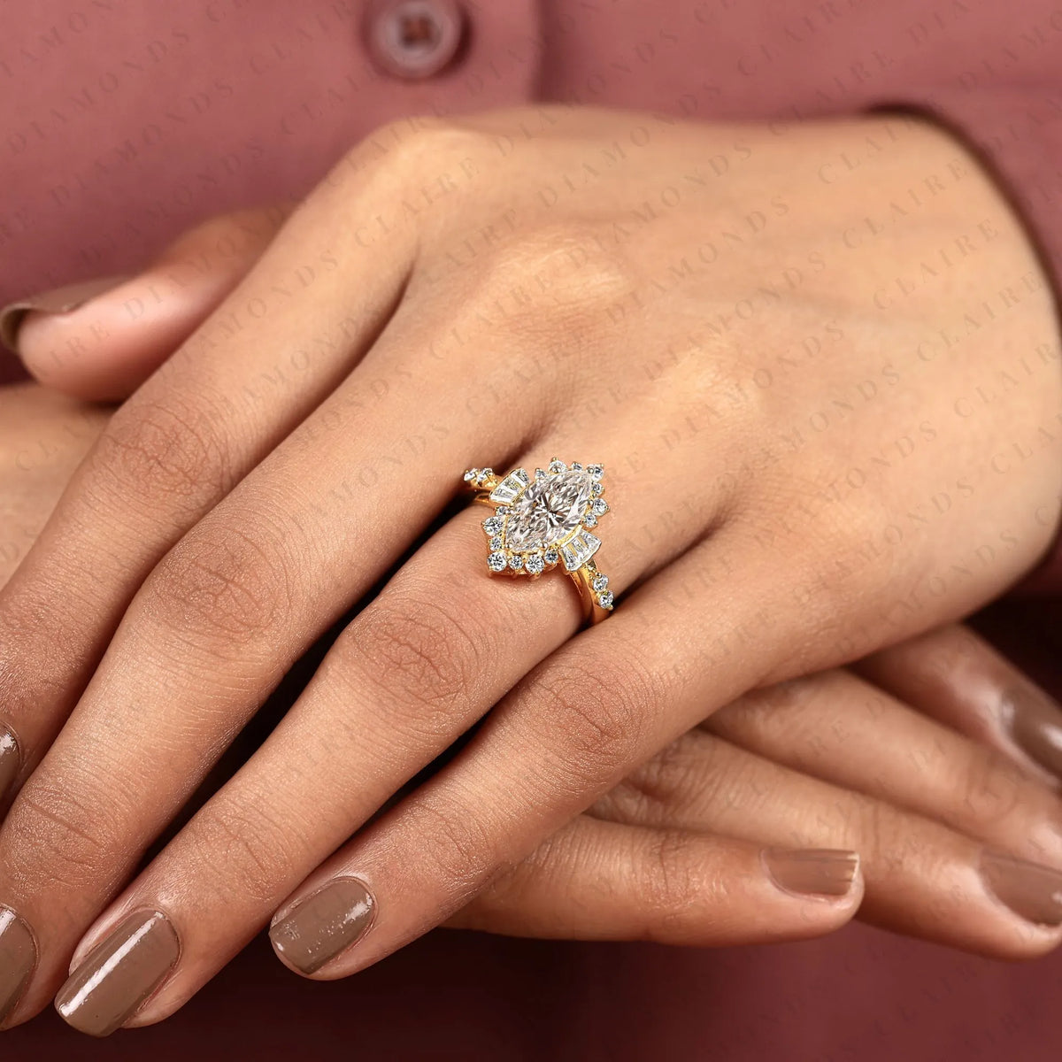 marquise cut moissanite diamond engagement ring floral halo with baguette accents yellow gold vintage inspired bridal ring