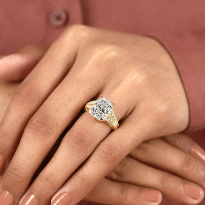 Radiant Cut Lab Grown Diamond Engagement Ring Vintage Milgrain Split Shank Pave Diamond Ring Unique Bridal Ring for Women