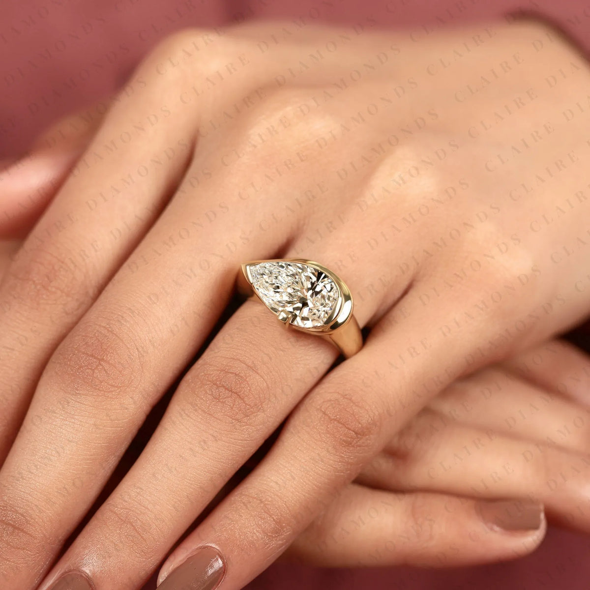 East West Pear Cut Moissanite Diamond Engagement Ring Bezel Set Gold Solitaire Wedding Ring Unique Anniversary Jewelry