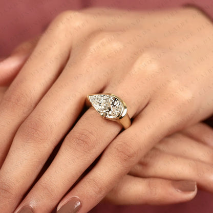 East West Pear Cut Moissanite Diamond Engagement Ring Bezel Set Gold Solitaire Wedding Ring Unique Anniversary Jewelry