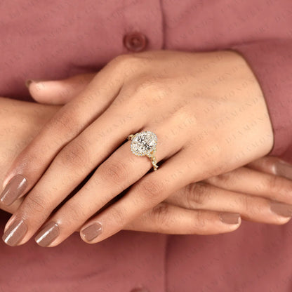 Oval Halo Moissanite Diamond Engagement Ring in Solid Gold With Twisted Vintage Band.